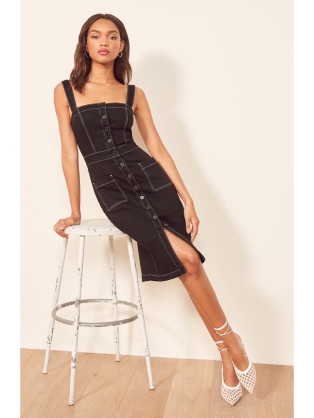 Reformation Roxanna Black Denim White Contrast Stitch Tank Midi Dress Size 4